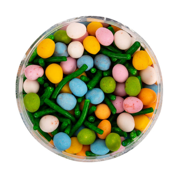Sprinks assorted coloured speckled eggs mixed with dark green jimmies sprinkles in round jar 