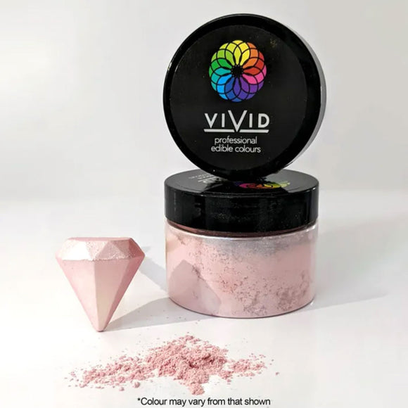 Vivid Blush Pink Edible Metallic Dust in pot with dust sprinkled in front and diamond painted blush to show colour