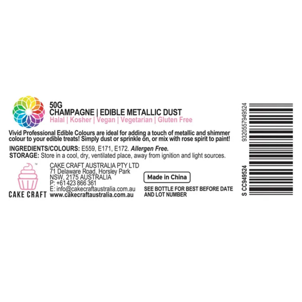 Vivid Champagne Edible Metallic Dust Information label