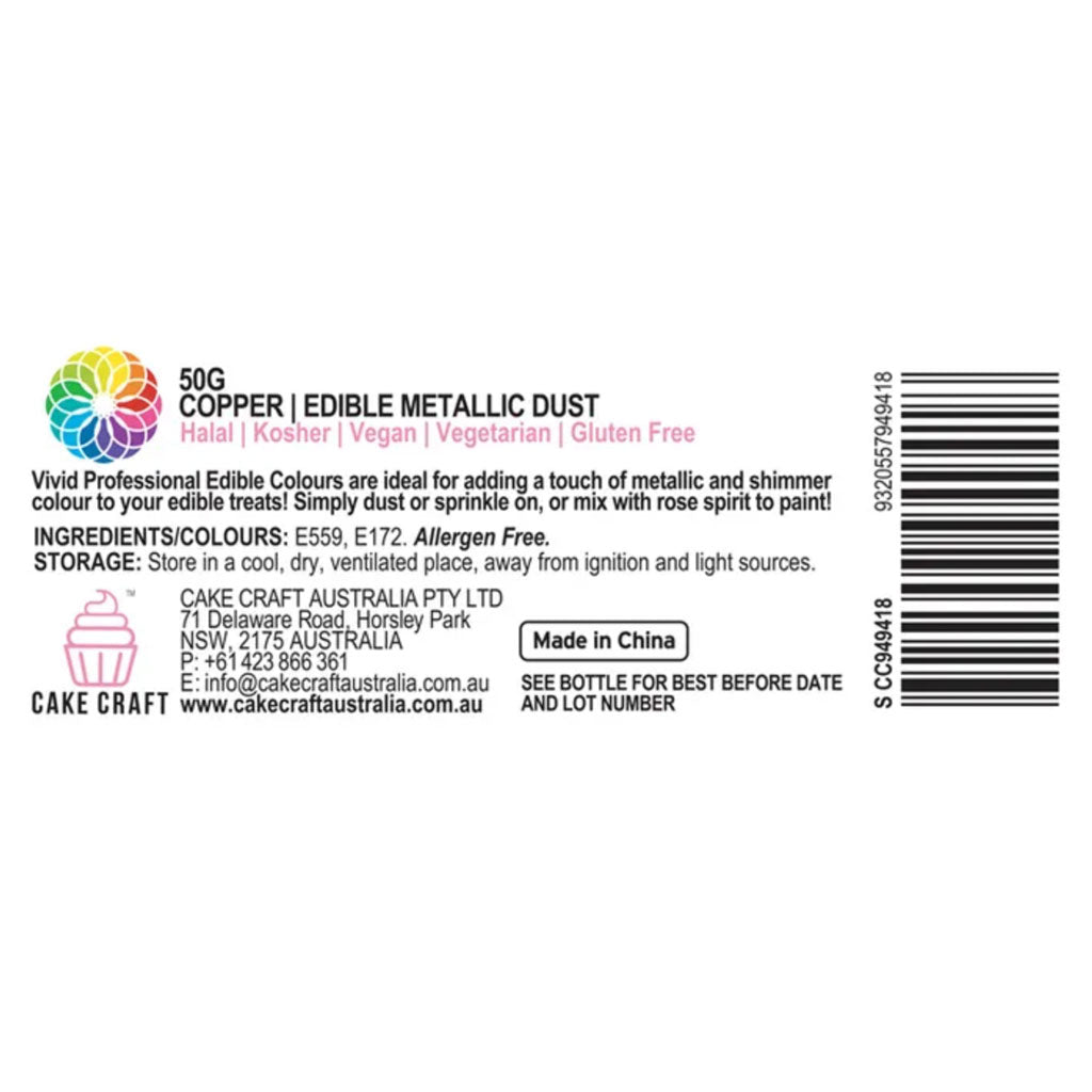 Vivid Copper Edible Metallic Dust Information label