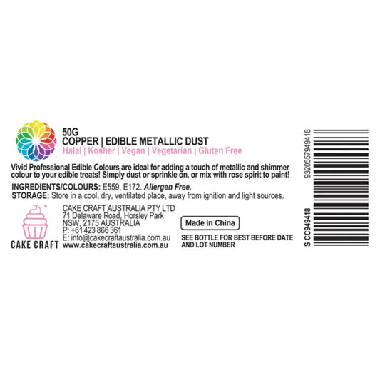 Vivid Copper Edible Metallic Dust Information label