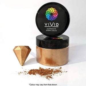 Vivid Shimmer Rose Gold Edible Metallic Dust in pot with dust sprinkled in front and diamond painted to show colour