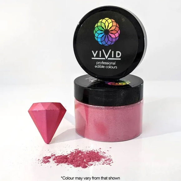 Vivid Super Pink Edible Metallic Dust in pot with dust sprinkled in front and diamond painted super pink to show colour