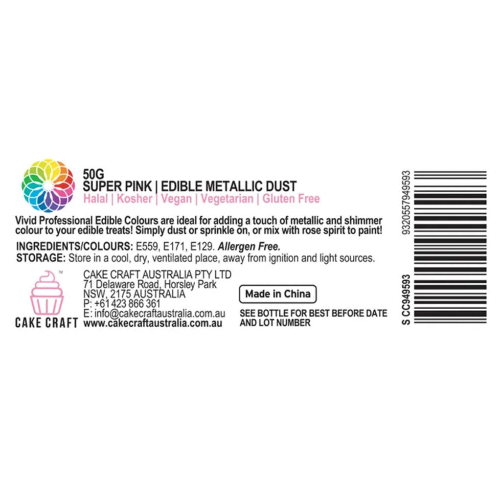 Vivid Super Pink Edible Metallic Dust Information label