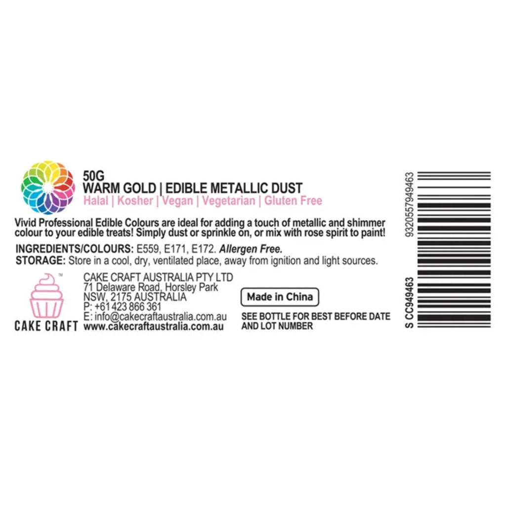 Vivid Warm Gold Edible Metallic Dust Information label
