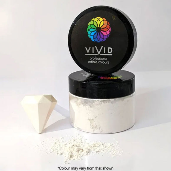 Vivid Platinum White Edible Metallic Dust in pot with dust sprinkled in front and diamond painted platinum white to show colour