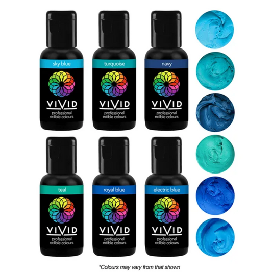 Vivid Ocean 6 Pack Gel Food Colours 6 x 21g (Sky Blue, Turquoise, Navy, Teal, Royal Blue, Electric Blue)