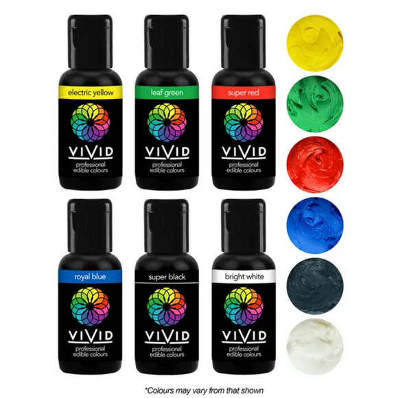 Vivid Primary 6 Pack Gel Food Colours 6 x 21g (Electric Yellow, Leaf Green, Super Red, Royal Blue, Super Black, Bright White)
